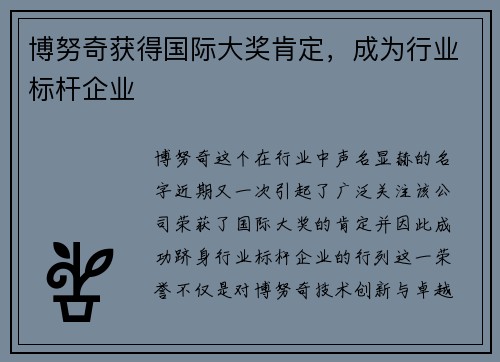 博努奇获得国际大奖肯定，成为行业标杆企业