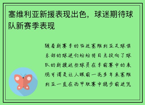塞维利亚新援表现出色，球迷期待球队新赛季表现