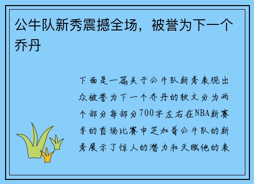 公牛队新秀震撼全场，被誉为下一个乔丹