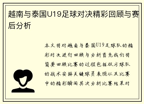 越南与泰国U19足球对决精彩回顾与赛后分析