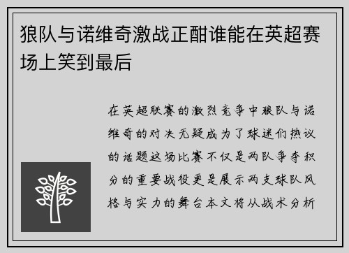 狼队与诺维奇激战正酣谁能在英超赛场上笑到最后