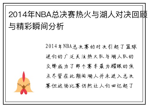 2014年NBA总决赛热火与湖人对决回顾与精彩瞬间分析