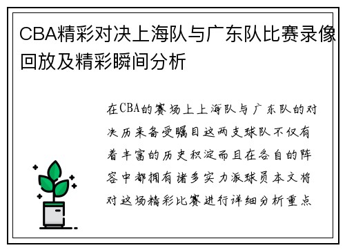 CBA精彩对决上海队与广东队比赛录像回放及精彩瞬间分析