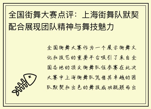 全国街舞大赛点评：上海街舞队默契配合展现团队精神与舞技魅力