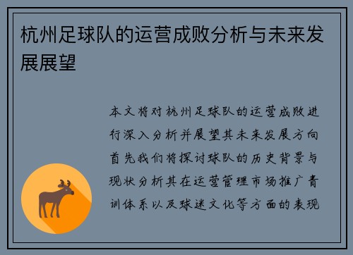 杭州足球队的运营成败分析与未来发展展望